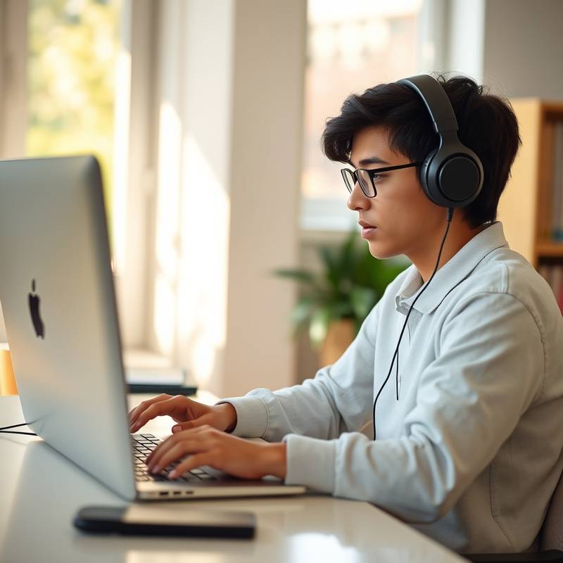 A student studying online with a laptop and headphones in a bright room