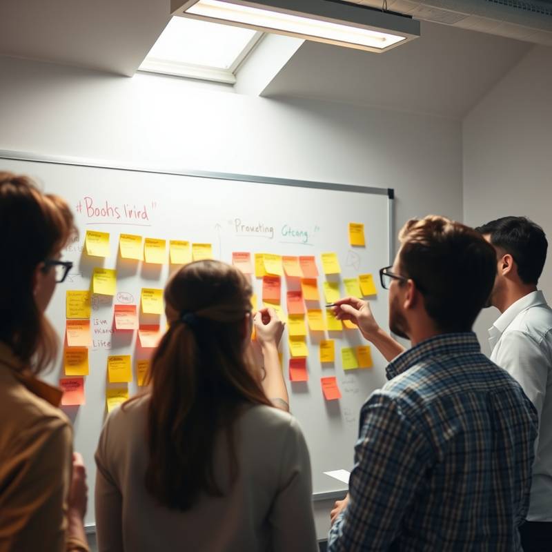 Brainstorming session with sticky notes and creative ideas on a whiteboard
