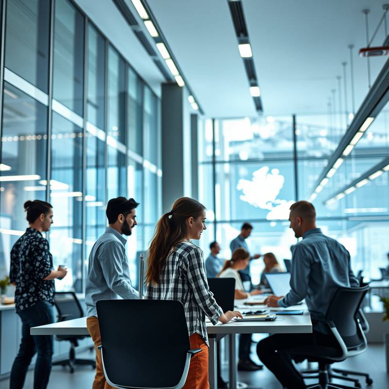 People collaborating on a project in a modern office, representing the future of work